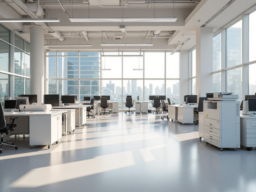 现代化国际商务办公环境，开放工作区域配备进口设备，员工正在操作精密仪器，明亮自然光照明