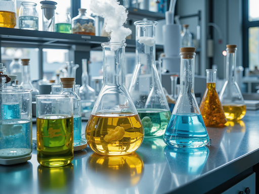 工业化学用品展示，各种化学试剂瓶整齐排列，专业实验室背景，安全防护环境