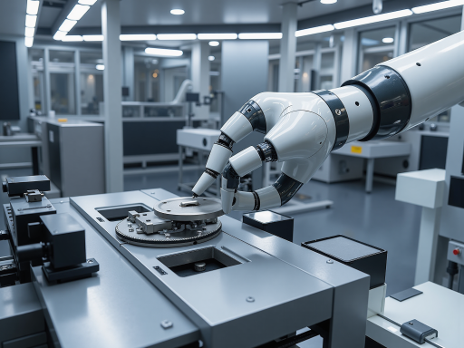 FA自动化设备展示，工业机器人手臂正在作业，现代化生产车间背景，精密制造环境