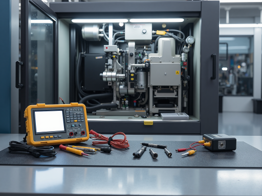 电子设备展示，多种精密仪器整齐排列，现代化工业环境背景，专业照明设备